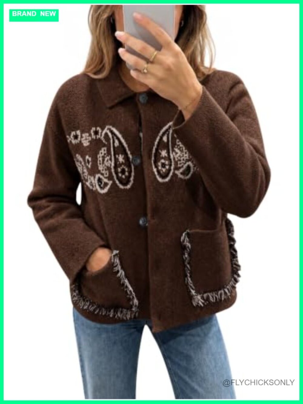 Boho Fringe Paisley Cardigan Sweater with Pockets Knit Fall Winter
